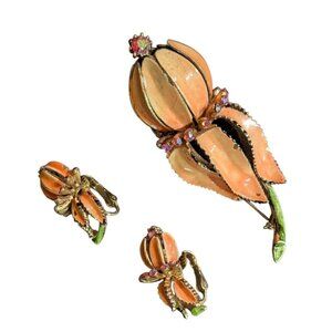 Lisner  Floral Brooch  Clip On Earrings Set Orange Enamel Rhinestones Retro  vtg